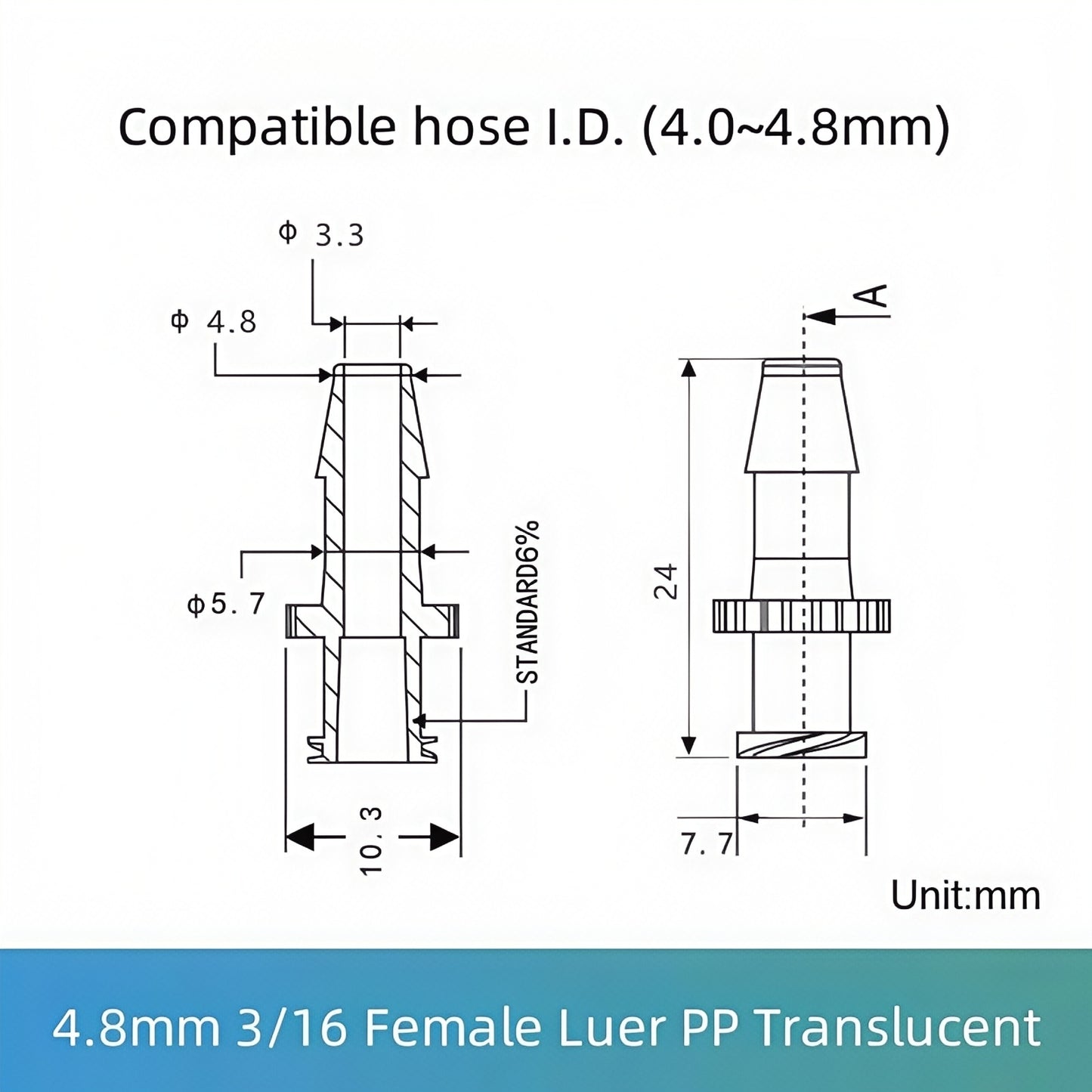 3/16 inch (4.8mm) Female Luer Lock Connector PP Translucent - Food Grade Barbed Tube Fitting
