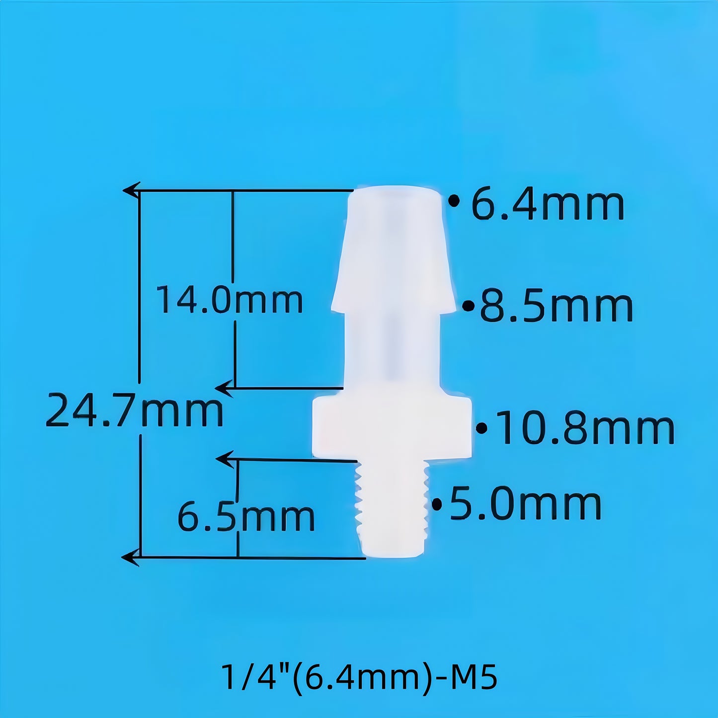 M5 male thread food-grade PP barbed adapter — secure, leak-proof.