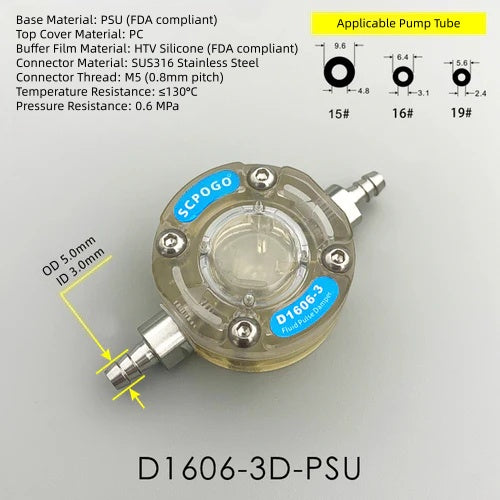 Amortiguador de pulso de fluido micro D1606-3 Rectificador de búfer de bomba peristáltica para tubo de bomba 13# 14# 19# 16# 15#
