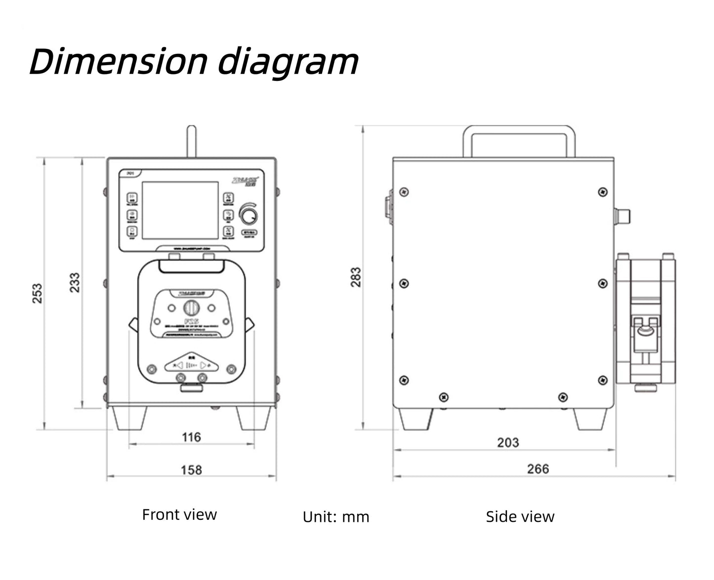 ForeShine peristaltic pump dimension diagram - technical specifications and measurements for industrial fluid pump