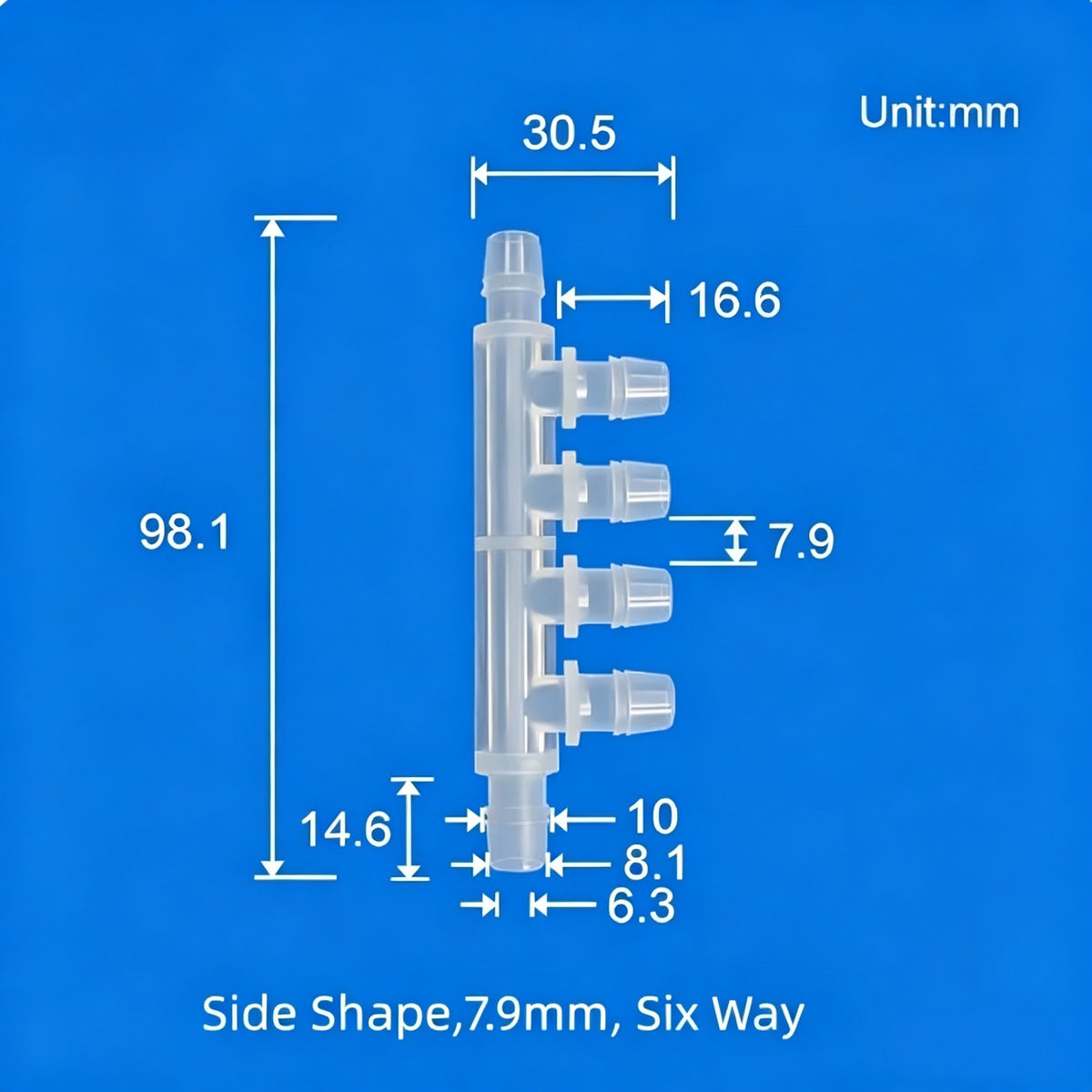 7.9mm Six-Way Plastic Barb Fitting Dimensional Side View - Multi-Port Hose Connector