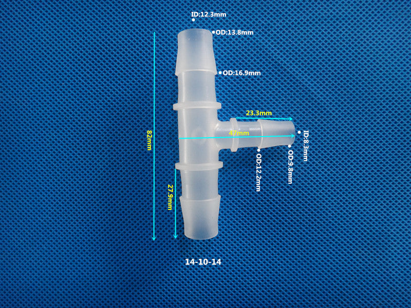 T-Type Reducing Tee Barb Connector 14-10-14mm ID 12.3mm OD 16.9mm Dimensions Plastic Hose Fitting Size Chart