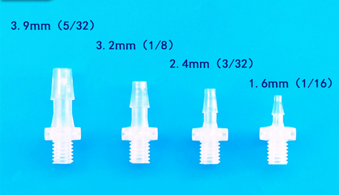PP male thread barb tube fittings size comparison - 1.6mm (1/16), 2.4mm (3/32), 3.2mm (1/8), 3.9mm (5/32) food grade polypropylene hose connectors