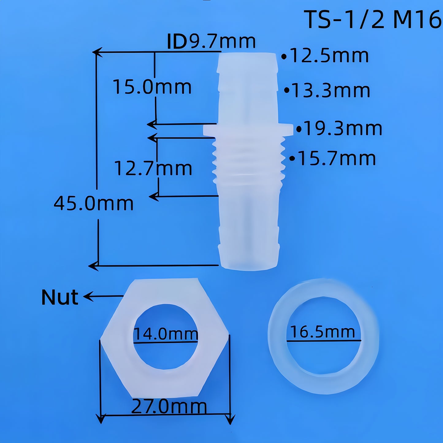 Barbed Bulkhead Hose Fitting — Panel-Mount Barbed Connector-Data Sheet (Food-Grade PP)