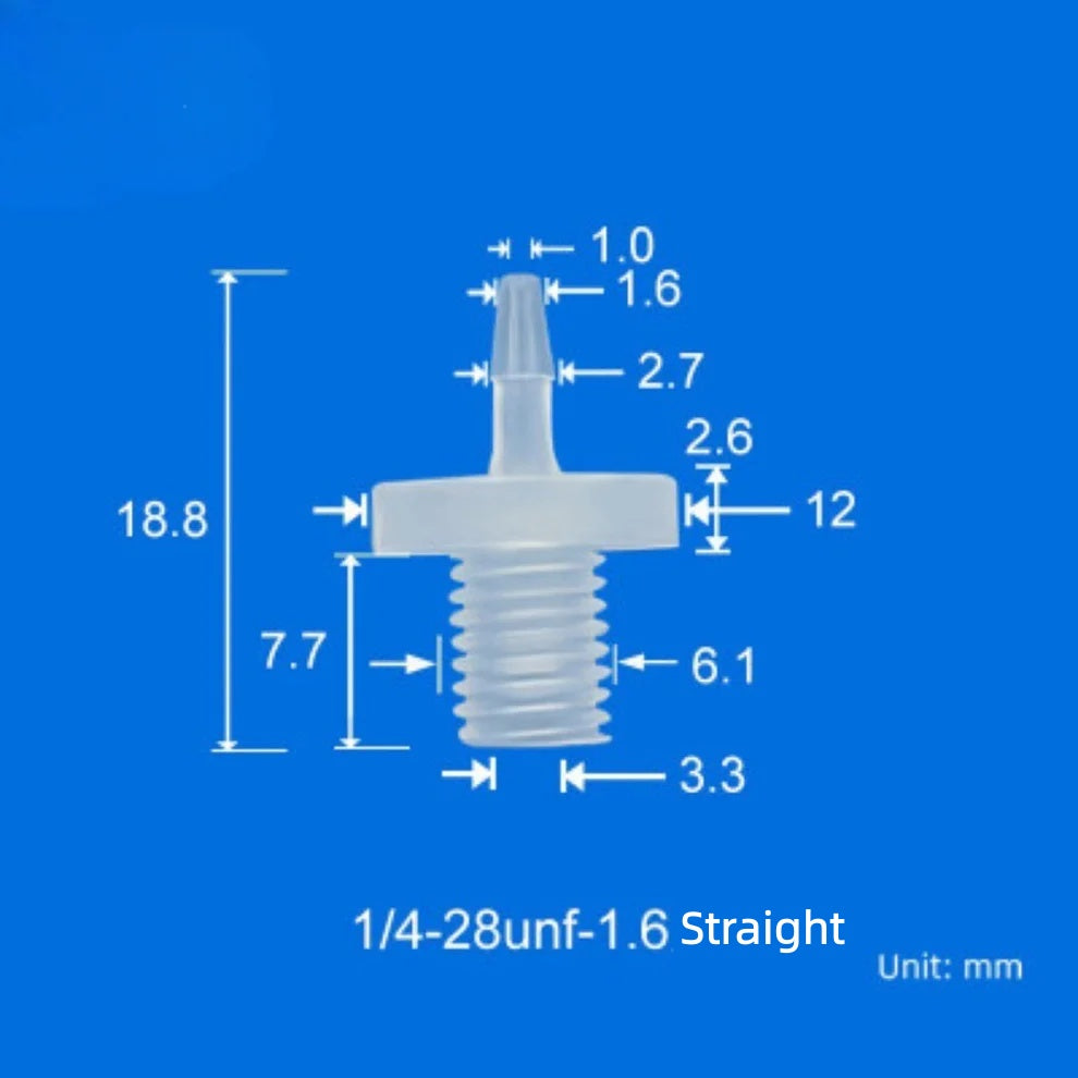 100/pk 1/4"-28 UNF Male Thread to Barb Adapter/Connector-Food Grade Natural PP