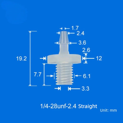 100/pk 1/4"-28 UNF Male Thread to Barb Adapter/Connector-Food Grade Natural PP