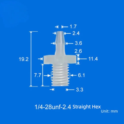 100/pk 1/4"-28 UNF Male Thread to Barb Adapter/Connector-Food Grade Natural PP