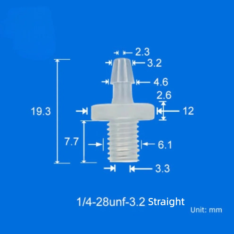 100/pk 1/4"-28 UNF Male Thread to Barb Adapter/Connector-Food Grade Natural PP