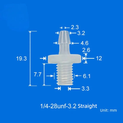 100/pk 1/4"-28 UNF Male Thread to Barb Adapter/Connector-Food Grade Natural PP