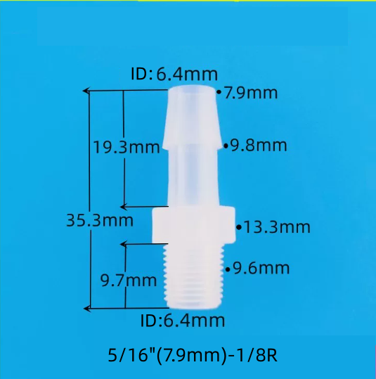 5/16" (7.9mm) Hose Barb to 1/8" R Male Thread Straight Connector - PP Plastic Hose Fitting for Lab and Medical Use
