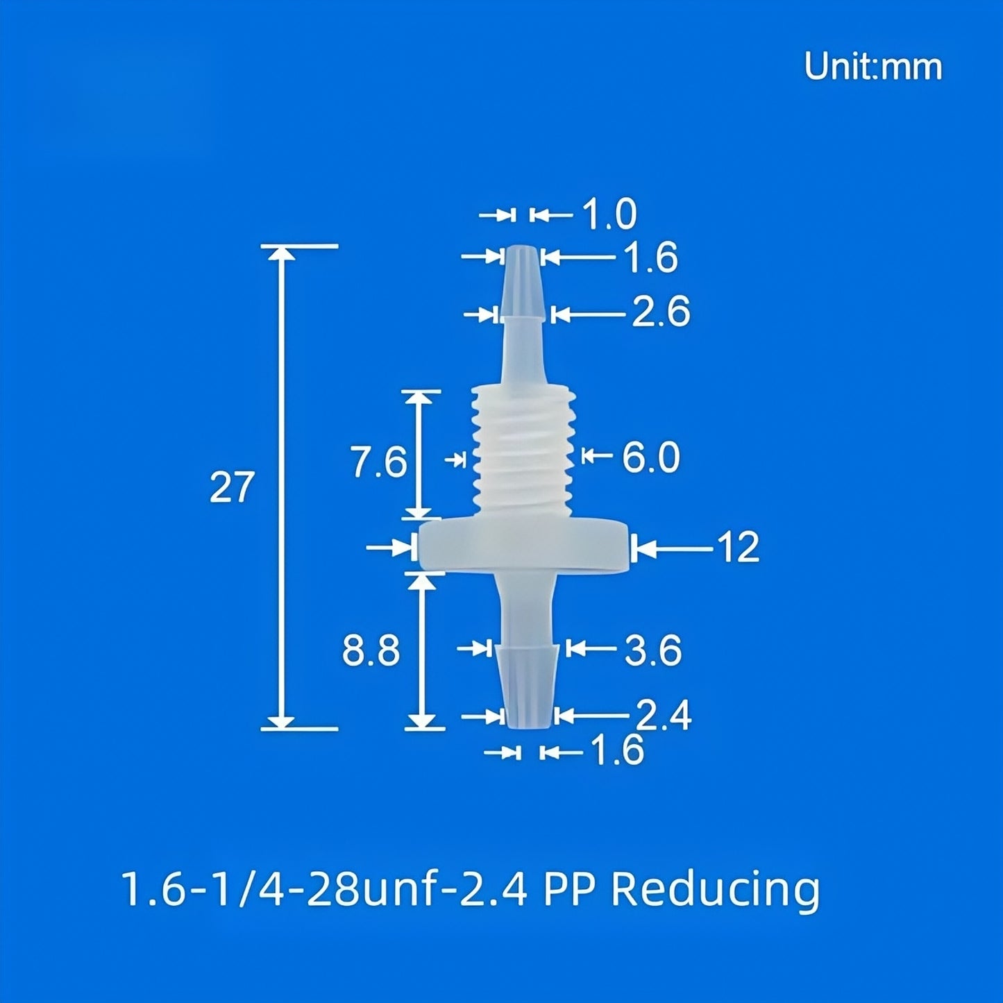 1/4-28UNF Reducing Barbed Bulkhead Fitting PP 1.6mm to 2.4mm Tubing Panel Mount
