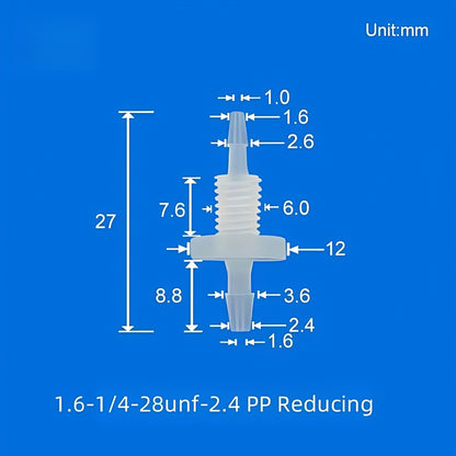 1/4-28UNF Reducing Barbed Bulkhead Fitting PP 1.6mm to 2.4mm Tubing Panel Mount
