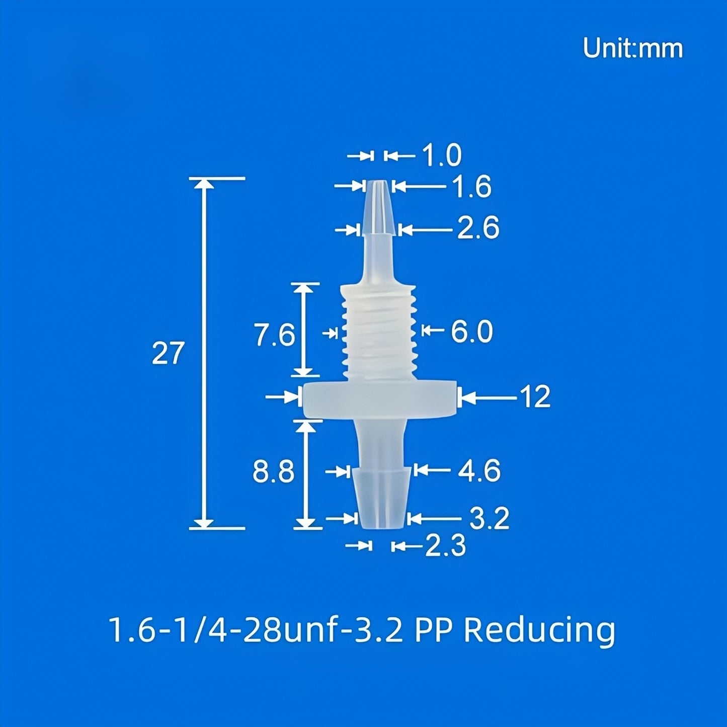 1/4-28UNF Reducing Barbed Bulkhead Fitting PP 1.6mm to 2.4mm Tubing Panel Mount
