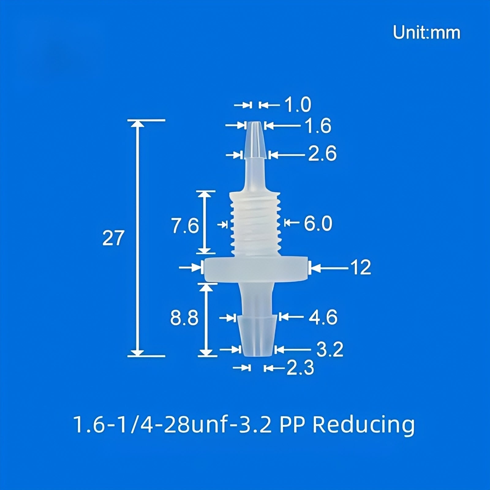 1/4-28UNF Reducing Barbed Bulkhead Fitting PP 1.6mm to 2.4mm Tubing Panel Mount
