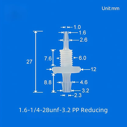 1/4-28UNF Reducing Barbed Bulkhead Fitting PP 1.6mm to 2.4mm Tubing Panel Mount
