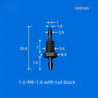 100/pk Bulkhead Barb Adapter with Thread M6, M8 Options, Plastic, Panel Mounting