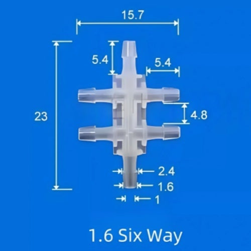 1.6mm Six-Way Plastic Barb Fitting - Small Bore Multi-Port Tube Connector
