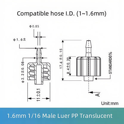 Food Grade PP Male Luer Lock Fittings,Female Luer Connectors 1/16 1/8 5/32 1/4