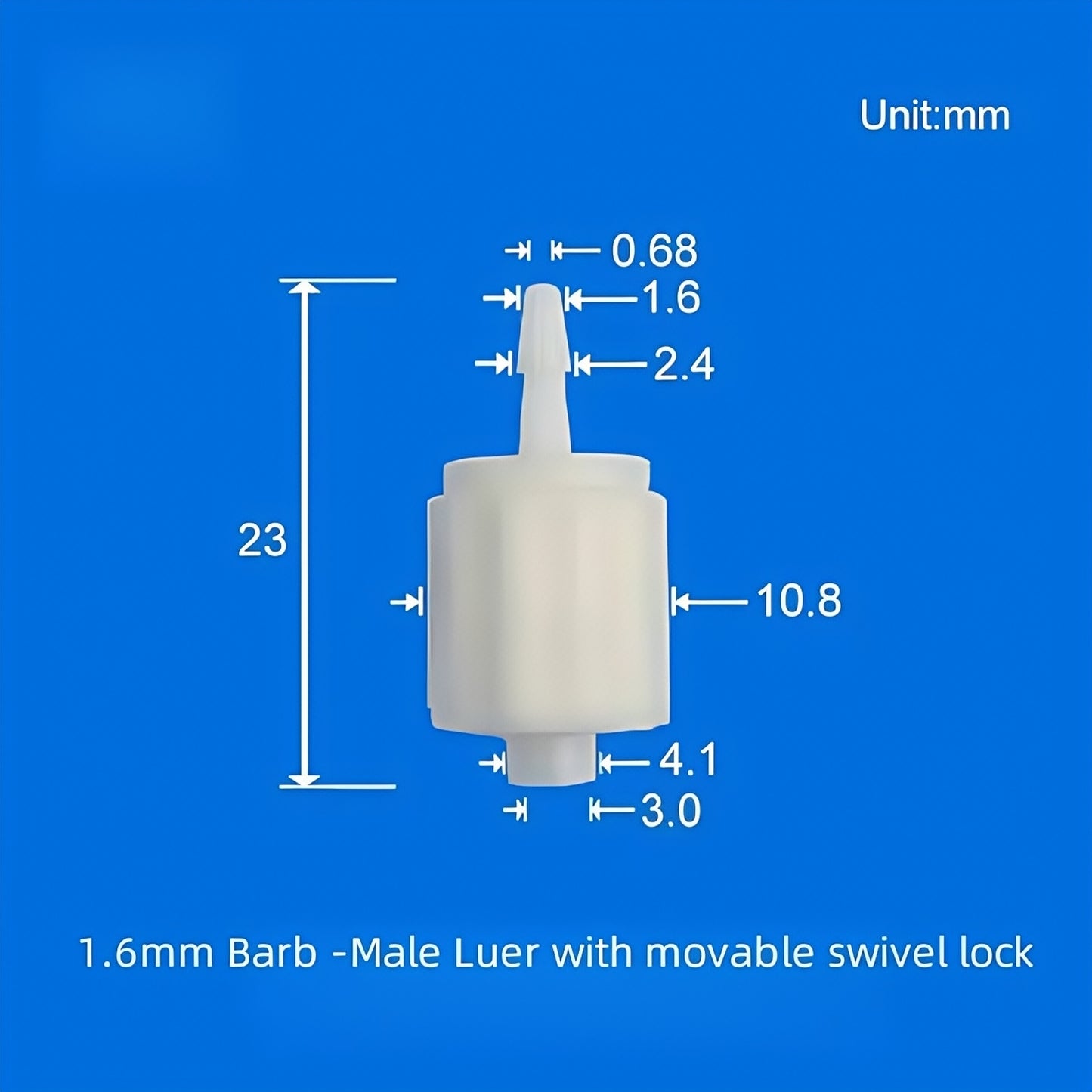 1.6mm Barb Male Luer Fitting with Movable Swivel Lock, PP Plastic Tubing Connector
