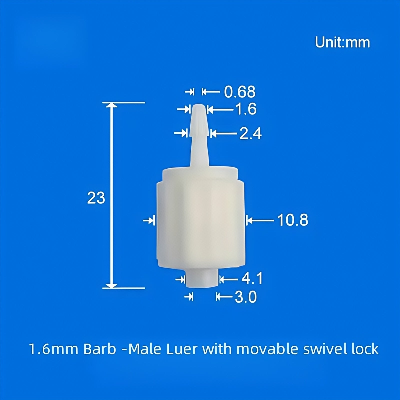 1.6mm Barb Male Luer Fitting with Movable Swivel Lock, PP Plastic Tubing Connector
