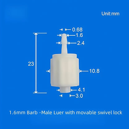 1.6mm Barb Male Luer Fitting with Movable Swivel Lock, PP Plastic Tubing Connector
