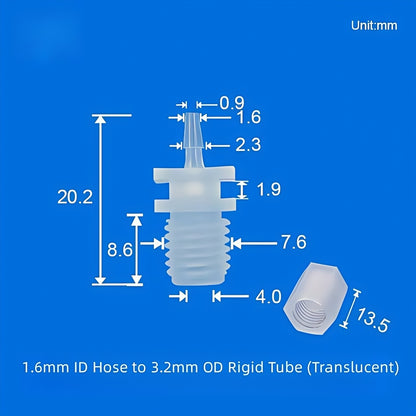 Small PP barb connector with threaded base, suitable for flexible hose to rigid tube transition
