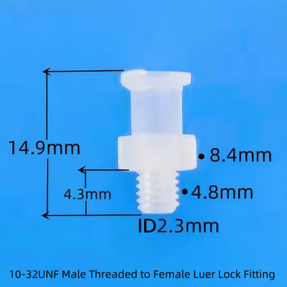 Female Luer Lock to 10-32 UNF Male Threaded Connector — Food-Grade PP Tube Fitting