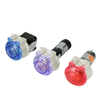 104KA mini peristaltic pump three motor options comparison - stepper motor, DC geared motor and DC planetary motor with blue purple red pump heads
