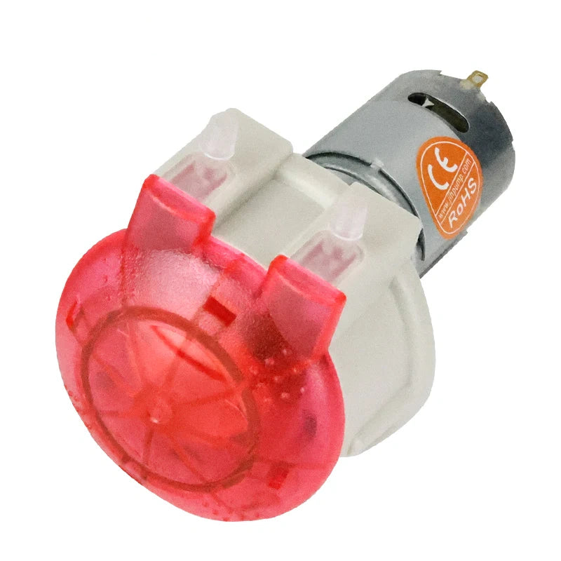 104KA OEM peristaltic pump red pump head close-up with CE RoHS certified DC motor, compact design for dishwasher washing machine and analytical devices
