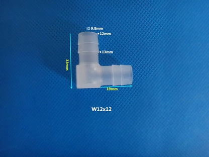 PP Plastic 90 Degree Elbow Hose Barb Fitting W12x12 ID 9.8mm OD 12mm-13mm Dimensions 33mm x 19mm

