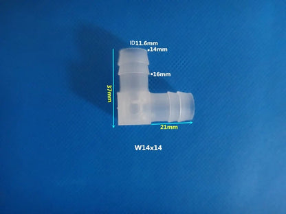 PP Plastic 90 Degree Elbow Hose Barb Fitting W14x14 ID 11.6mm OD 14mm-16mm Dimensions 37mm x 21mm
