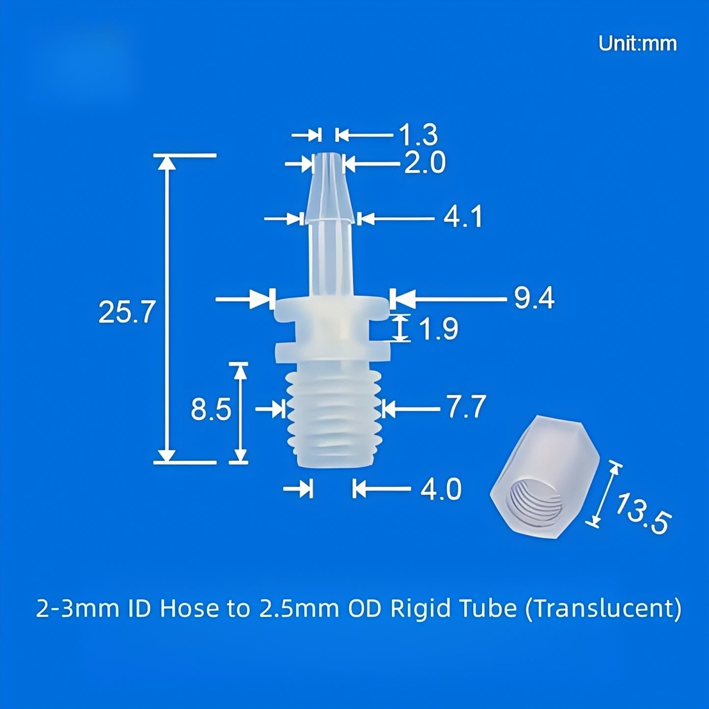 PP barb adapter dimension drawing, 2-3mm ID hose to 3.0mm OD rigid tube, translucent material
