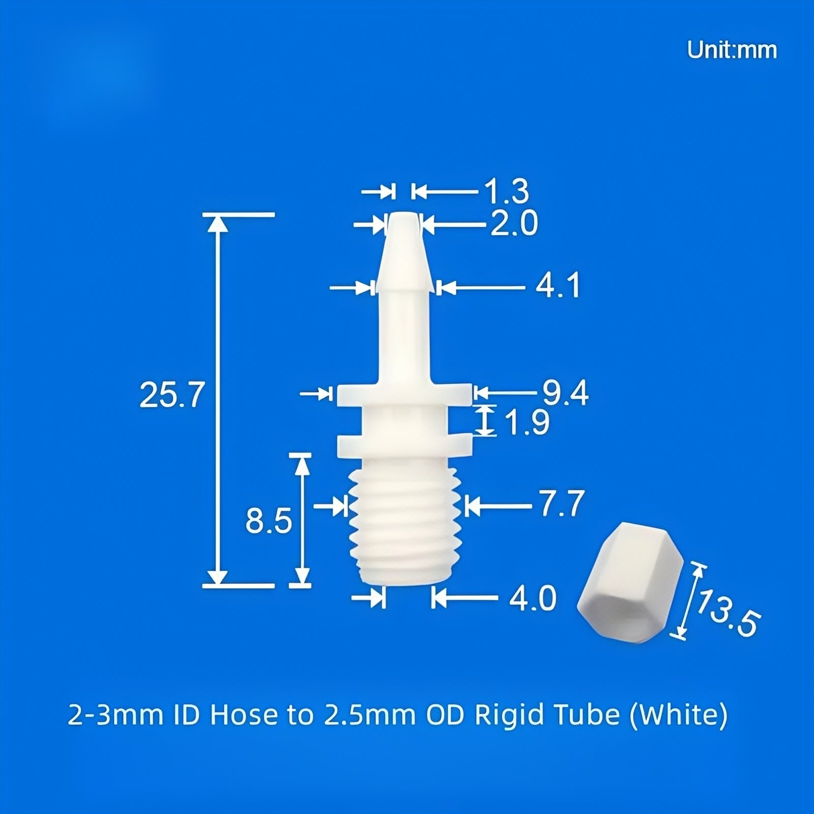 PP plastic fluidic adapter, threaded barb style, for connecting soft tubing to PTFE rigid tube
