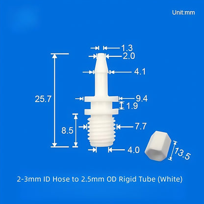 PP plastic fluidic adapter, threaded barb style, for connecting soft tubing to PTFE rigid tube
