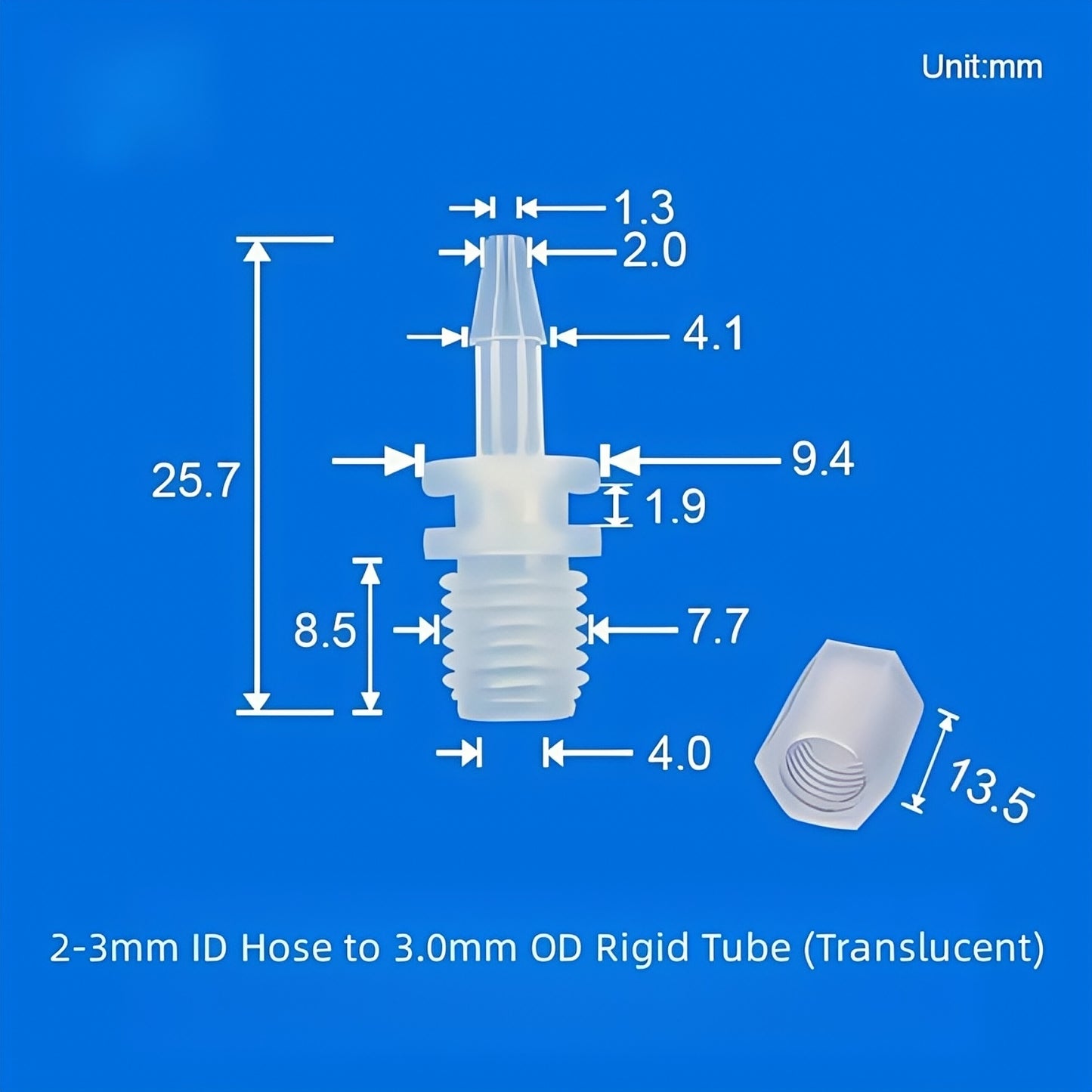 PP threaded barb connector size chart, 4.0mm ID hose to 3.0mm OD rigid tube, white PP fitting
