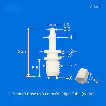 Adaptador de PP con rosca x espiga de 1/16, 1/8, 3/32 y 5/32, manguera de 1/16, 3/32, 1/8 y 5/32 con conectores de PTFE de diámetro exterior de 2,5, 3,0 y 3,2 mm