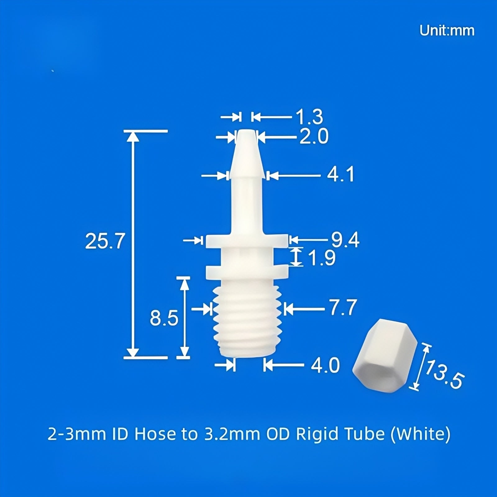 White PP hose barb to thread adapter, rigid tube OD 3.0mm, total length 23.1mm dimension diagram
