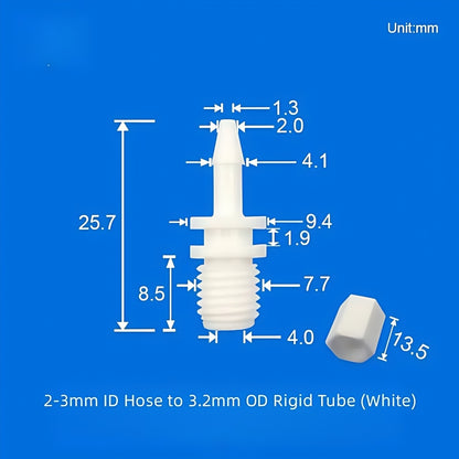 White PP hose barb to thread adapter, rigid tube OD 3.0mm, total length 23.1mm dimension diagram
