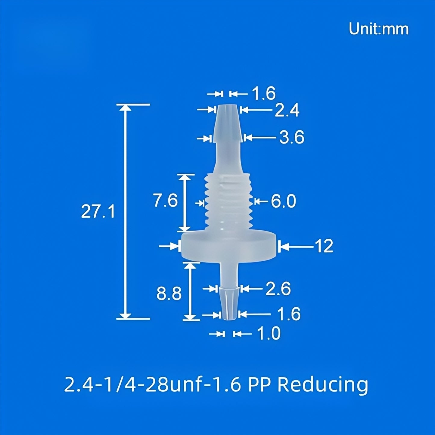 1/4-28UNF Reducing Barbed Bulkhead Fitting PP 2.4mm to 1.6mm Tubing Panel Mount
