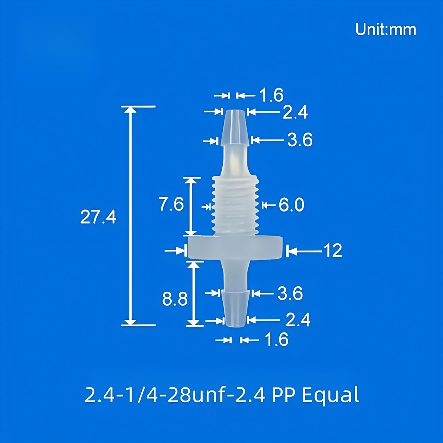 1/4-28UNF Barbed Bulkhead Fitting PP Equal 2.4mm Tubing Panel Mount Connector
