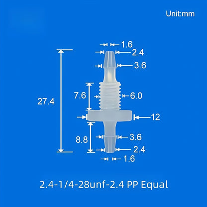 1/4-28UNF Barbed Bulkhead Fitting PP Equal 2.4mm Tubing Panel Mount Connector
