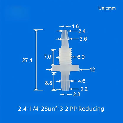 1/4-28UNF Reducing Barbed Bulkhead Fitting PP 2.4mm to 3.2mm Tubing Panel Mount
