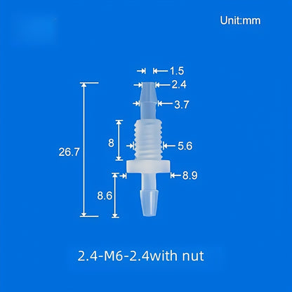 100/pk Bulkhead Barb Adapter with Thread M6, M8 Options, Plastic, Panel Mounting