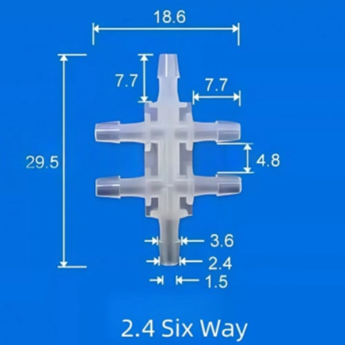 2.4mm Six-Way Plastic Barb Fitting - Multi-Port Hose Connector for Microfluidics
