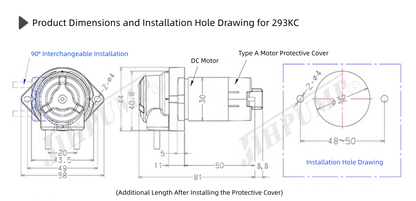 293KC Mini Peristaltic Pump Dimensions and Installation Hole Drawing - DC Motor 81mm Length, 90° Interchangeable Installation, Type A Motor Protective Cover
