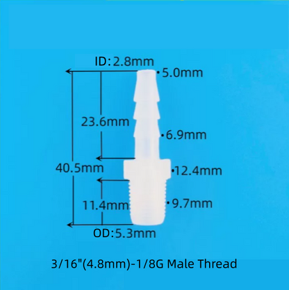 3/16 4.8mm to 1/8G Male Thread Barbed Connector - Side View Dimension Diagram
