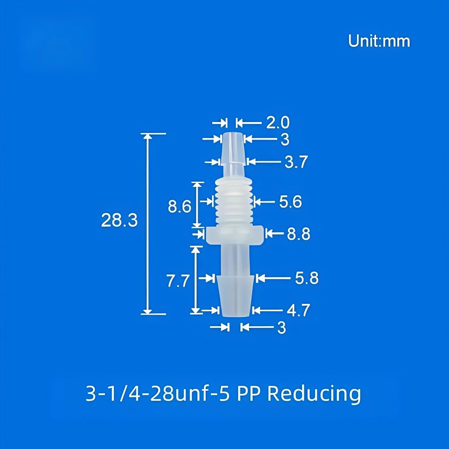 1/4-28UNF Reducing Barbed Bulkhead Fitting PP 3.0mm to 5.0mm Tubing Panel Mount

