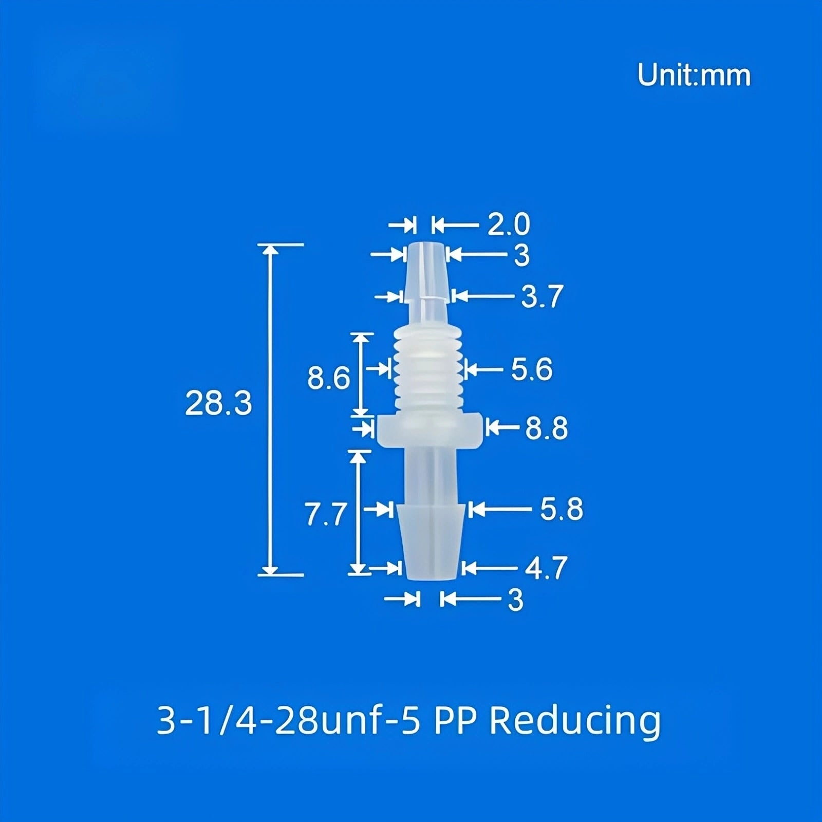 1/4-28UNF Reducing Barbed Bulkhead Fitting PP 3.0mm to 5.0mm Tubing Panel Mount
