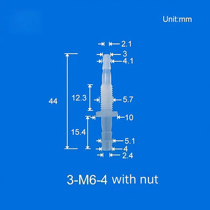 100/pk Bulkhead Barb Adapter with Thread M6, M8 Options, Plastic, Panel Mounting