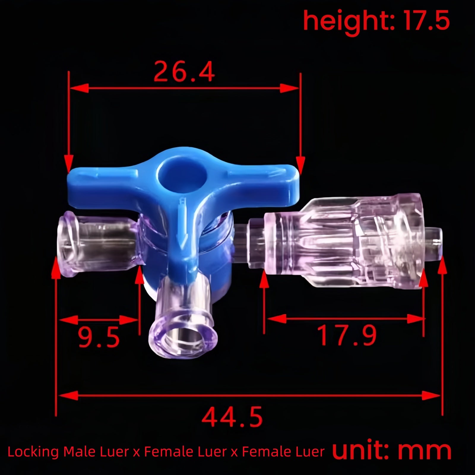 3-Way Luer Stopcock Valve Technical Drawing with Measurements, Locking Male to Dual Female Luer, Medical Grade PC Transparent
